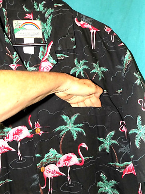 Exc! Vtg PARADISE FOUND HAWAIIAN SHIRT, FLAMINGOS, COTTON ,Tag L, ACTUAL Sz XL