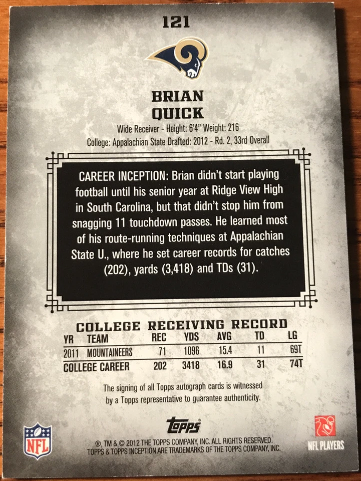 2012 Topps Inception BLUE Rookie Autograph Brian Quick #121 #’d 112/150 - Image 2 of 2