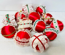 Red Silk Satin Ball Christmas Ornaments Set of 13 with Lace Ribbon Trim Etc T4