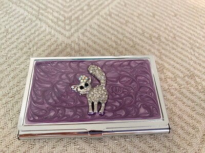 Vintage Card Holder With Cat Rhinestone In Purple Enamel