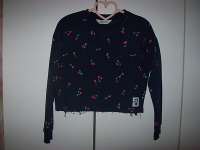 Mädchen Cropped Sweatshirt - dunkelblau - Kirschmuster (H&M Größe 10-12 Jahre)