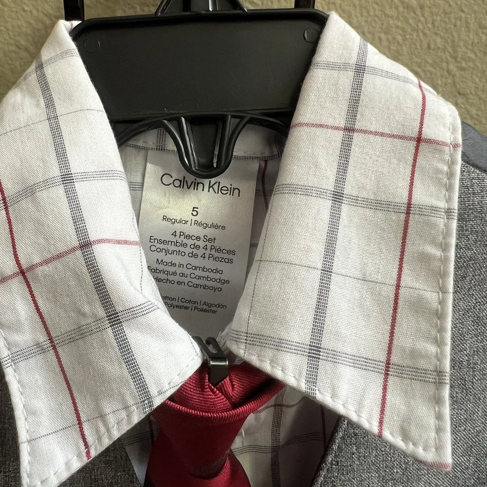 Calvin Klein 4 Pc Suite Set Boys Sz 5 Gray Red White Pants Best Tie Button Up - Image 4 of 4