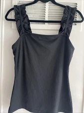 Shein Women’s L Ruffle Sleeve Tank Top Shirt Blouse Rubbed Solid Black