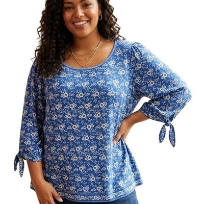 Max Studio Floral Border Tunic Womens Size 2X Blue White Stretch Top 