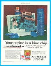 Mobil Oil automobile maintenance engine motor blue chip print ad 1955