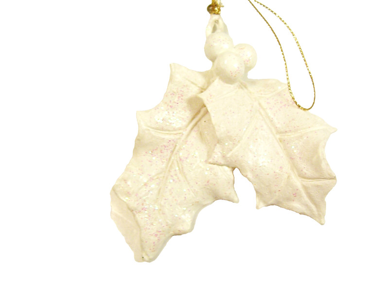 Christmas Ornament Holly Berry Leaves White Red Sparkle