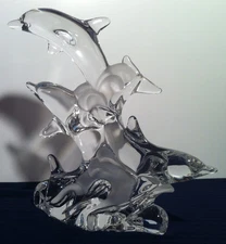 LENOX 24% LEAD CRYSTAL DOLPHINS "TRIO OF GRACE" WITH PARTIALLY ETCHED WAVES