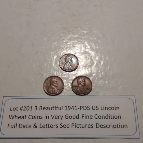 Lot #201 3 Beautiful Lincoln Wheats 1941-P 1941-D 1941-S VG-F See Pictures
