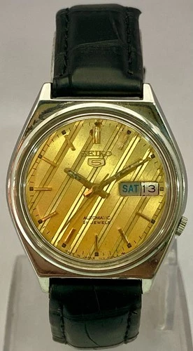 Vintage Classic Seiko5 Golden Dial "Day/Date" 7019 Watch Leather Strap Automatic