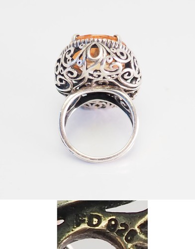 Fun large faceted crystal ornate sterling silver basket ring signed FD sz 7 - Picture 4 of 4