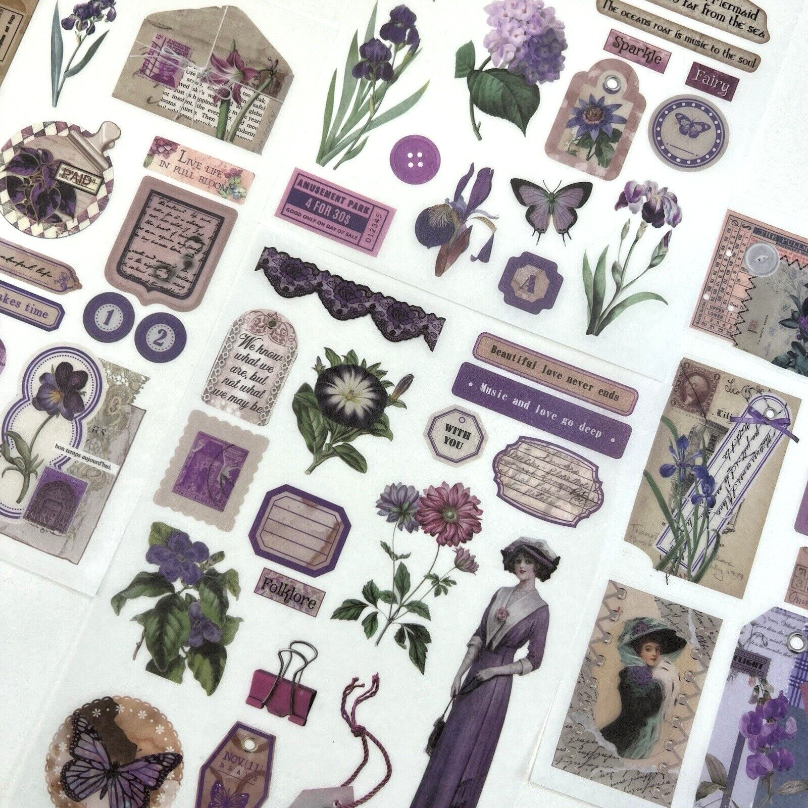 Vintage Style Garden Purple Washi Paper Stickers 4 Sheets Junk Journal Collage