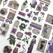 Vintage Style Garden Purple Washi Paper Stickers 4 Sheets Junk Journal Collage