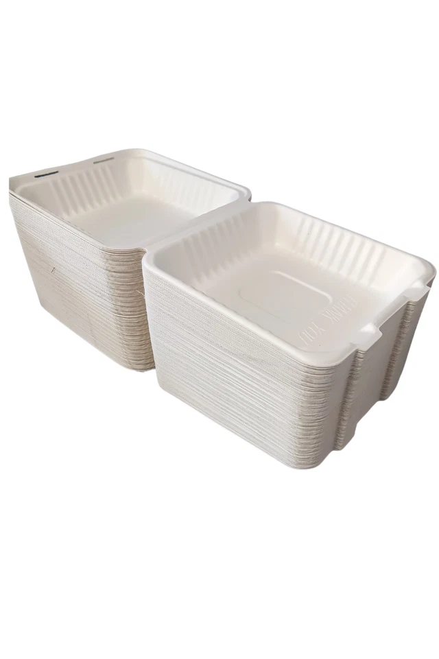 100pcs- 8"x8" Clamshell Fiber Bagasse Food Containers (Biodegradable) - Image 2 of 4
