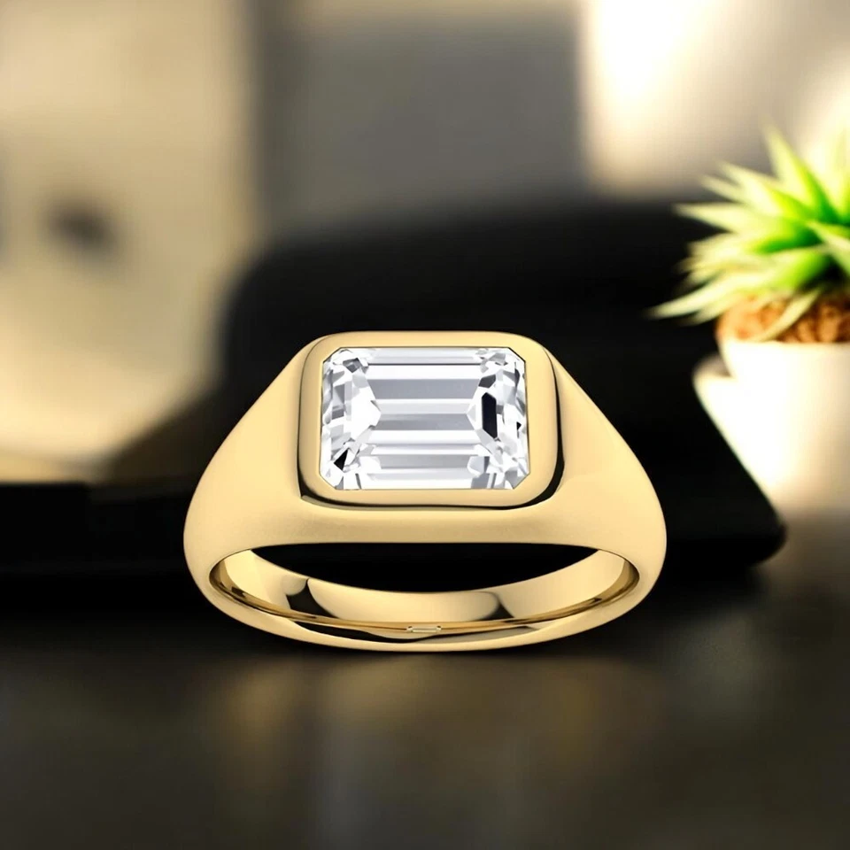 Diamond Gold Mens Ring Emerald Cut 1 Carat IGI Lab Grown 18K Yellow Band E F VS - Image 2 of 4