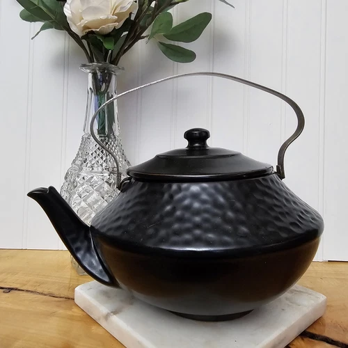 Vintage MCCOY USA Black Bronze Copper Glaze Hammered Pottery Teapot Kettle