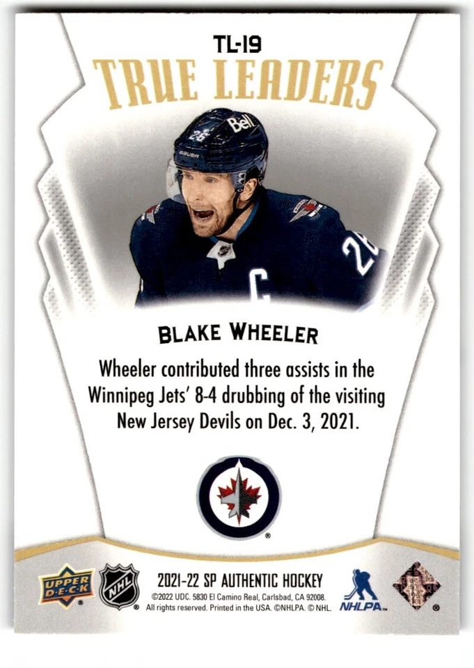 Blake Wheeler 2021-22 SP Authentic True Leaders #TL-19 Winnipeg Jets - Image 2 of 2