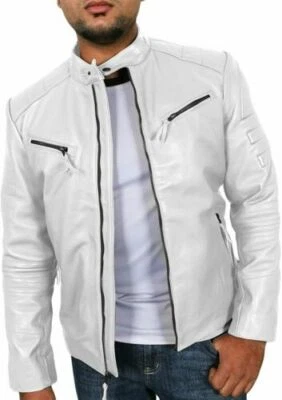 Herren NEW Weiße Weiche Lederjacke Echtes Lammleder Biker Cafe Racer - Bild 1 von 4