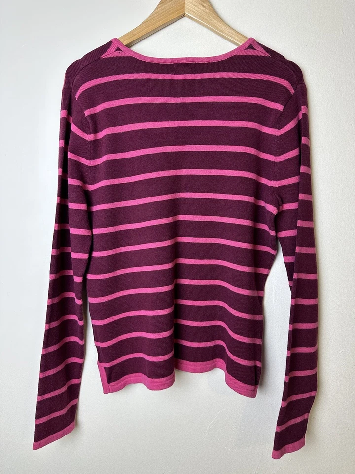 Suéter IZOD elástico para mujer rosa púrpura rayas cuello en V talla L Foto 2 de 4