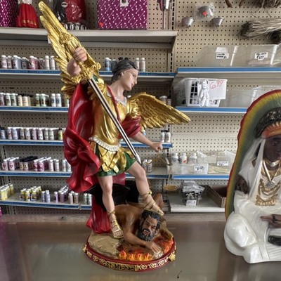 St. Michael Archangel Statue Figurine Gold Wings Red Cape Decorative Collectible