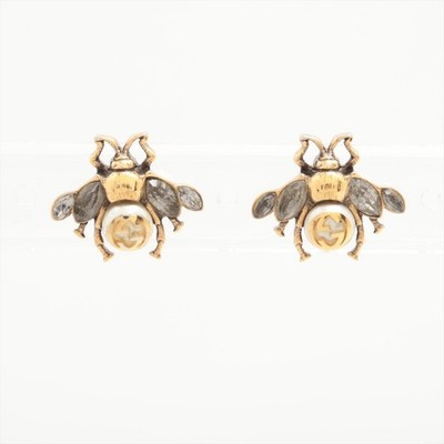GUCCI Interlocking G Bee Pierced Earrings GP × Rhinestones × Faux Pearl Gold