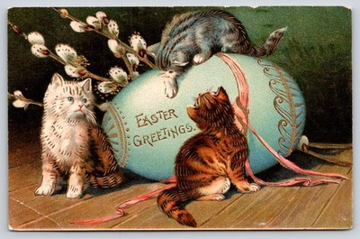 Easter Cats~Three Little Kittens Play on Big Blue Egg~Gold Leaf Emboss~Langsdorf