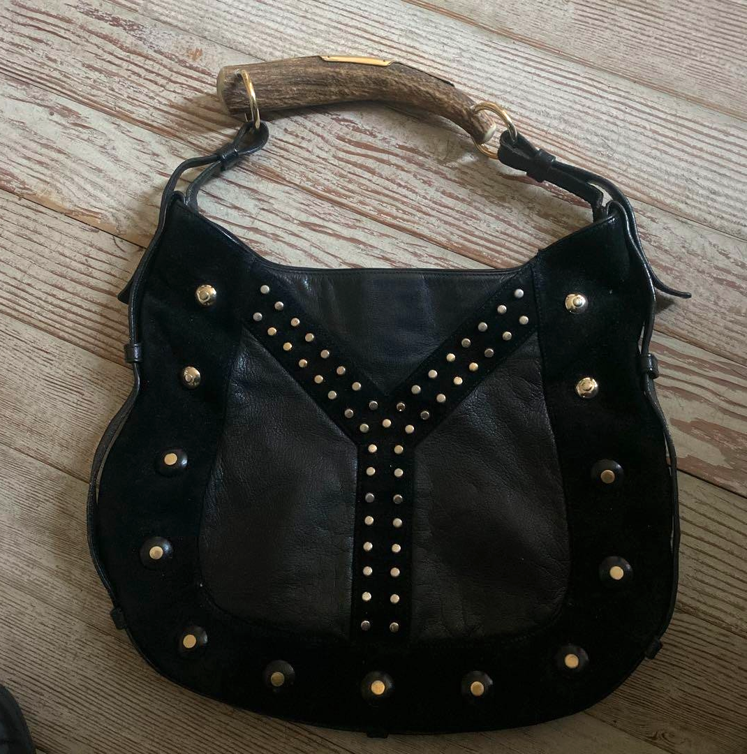 [Ecc+4] Borsa a tracolla Yves Saint Laurent Rive Gauche Mombasa borchie pelle nera