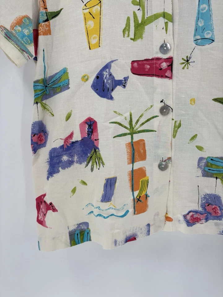 Lo último Camisa Algodón Vintage Abotonada Para Mujer Mediana Blanco Pez Tropical Playa Lino Foto 3 de 4