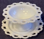 Vintage Anchor Hocking Open Lace White Milk Glass Compote Bowl & Saucer