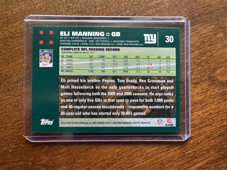 2007 Topps Football #30 Eli Manning NM-Mint - Image 2 of 2