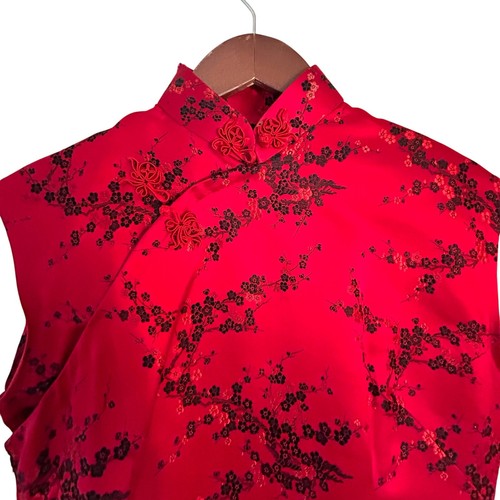 Vintage 1980s Chinese Brocade Cheongsam Dress Red/Black Satin Silk with Slip - Picture 6 of 17