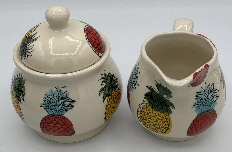 Signature Housewares Pineapple Stoneware Creamer & Sugar Dispenser Set Mint Cond - Image 4 of 4