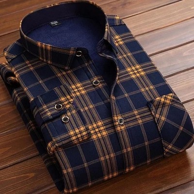 Fleece Flannel Warm Lined Shirt Casuals Sleeve Winter Mens Long Buttondown Plaid