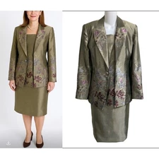 Victor Costa Floral Jacquard Skirt Suit Set, Dress & Blazer Vintage Retro sz 6