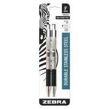 Zebra F-301 Ballpoint Stainless Steel Retractable Pen Bold Point 1.6mm Black 2Pk