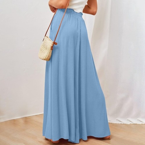 Women Casual Elastic High Waist Wide Leg Pants Loose Long Palazzo Pants Trousers - Picture 4 of 15