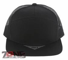 7 PANEL FLAT BILL SNAPBACK TRUCKER BASEBALL CAP HAT BLACK
