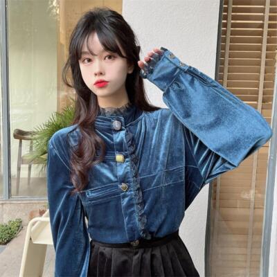Elegant Lady Pleuche Shirt Velvet Lace Trim Velour Top Button Retro Blouse Shirt