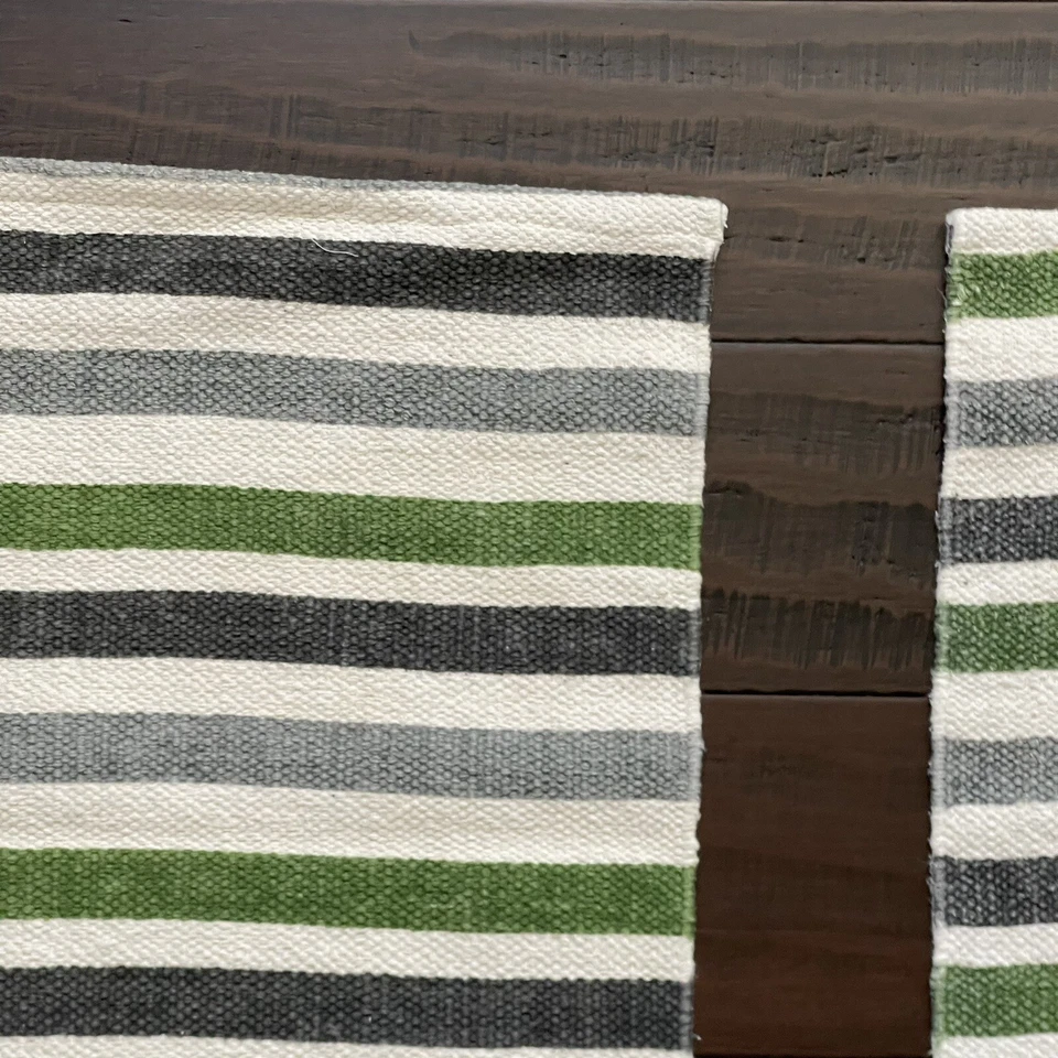 2 Crate and Barrel Striped Table Runners Green Gray Blue 47" x 13" and 38" x 14" - Image 3 of 4