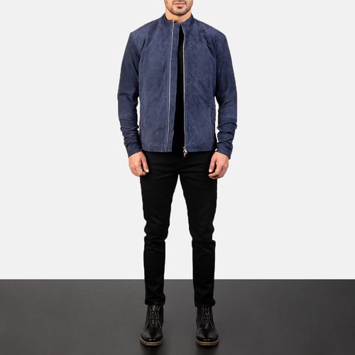 Men Navy blue suede bomber Jacket, Men 