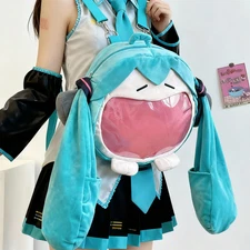 Large Hatsune Miku Face Plush ITA Backpack, Cosplay Zipper Big Mouth Backpack