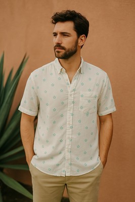 Onia Shirt Mens Large White Linen Floral Art Print Resort Button Resort Beach