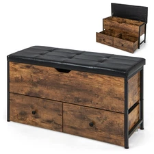 Storage Ottoman Bench Flip Top Wooden Storage Chest with/ Cushion & 2 Drawers