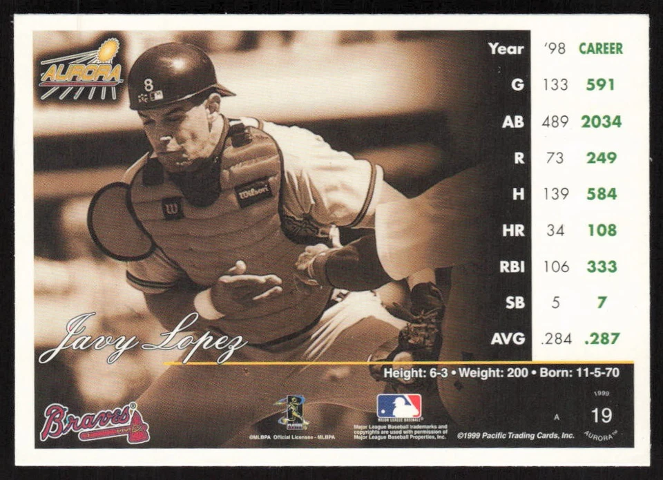 1999 Pacific Aurora Javy Lopez #19 Atlanta Braves - Imagem 2 de 2
