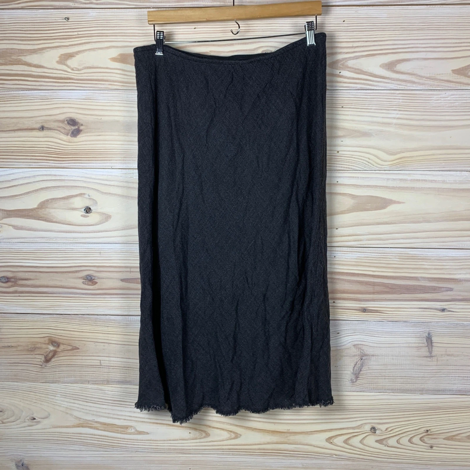 Eileen Fisher Skirt Womens PL Charcoal Grey Linen Blend Midi Maxi Raw Hem