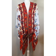 Boho Floral Blue Orange White Open Front Kimono Wrap Cover Up Lightweight