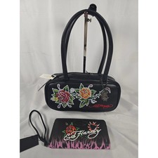 Ed Hardy Bag Wallet Set nwt Black Pink Leopard Tattoo Rose Rhinestone Rocker