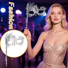 Women Masquerade Half-Mask with Holding Stick Ball Party Prom Halloween Gift