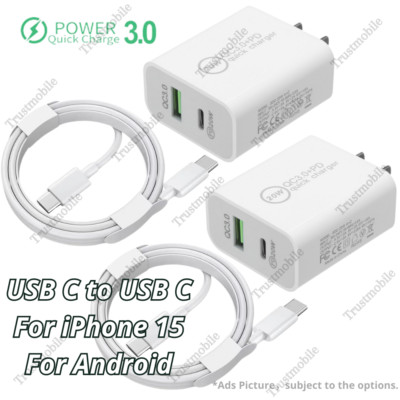 For Android iPhone 15 Pro QC PD 20W Fast Charger Adapter Brick USB C Type C Cord