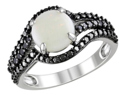 Opal 1,35 Karat (ctw) Ring mit schwarzem Diamanten in Sterlingsilber