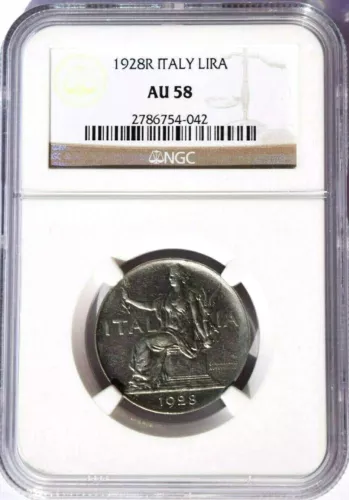1928 R Italy 1 Lira, NGC AU 58, KM-62
